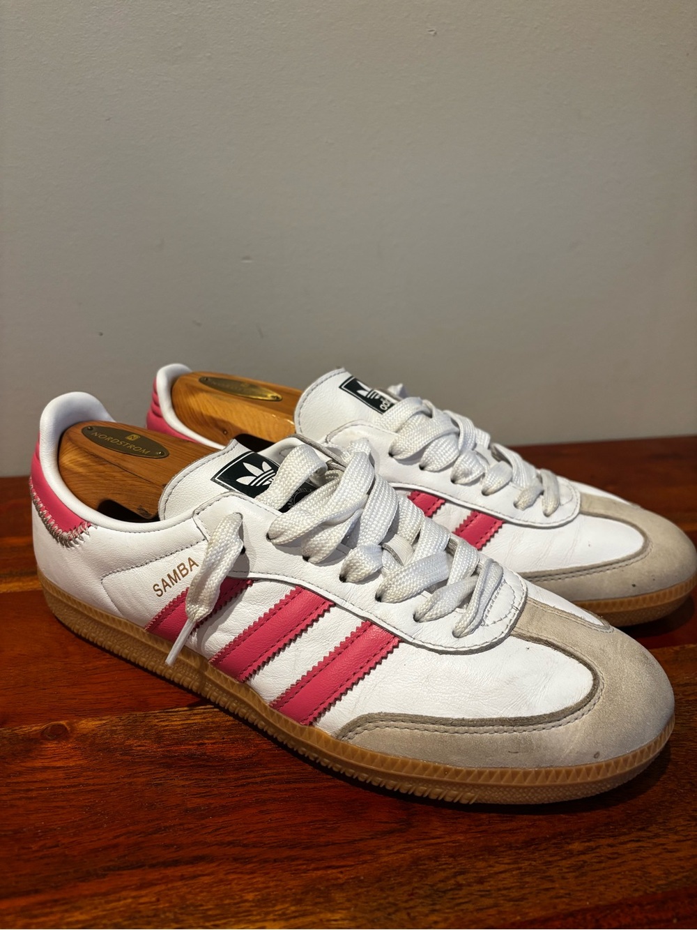 Adidas Samba OG Leather Sneakers - White with Pink Stripes - women’s 8